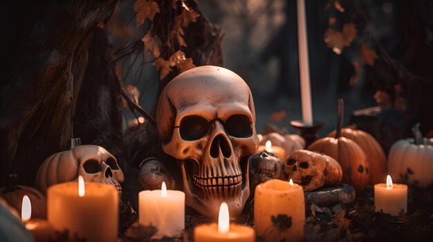 Halloween background with skull candles and leaves in the cemetery