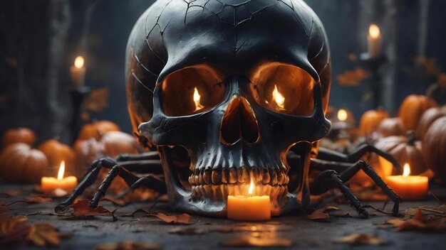 Halloween background with skull and spider