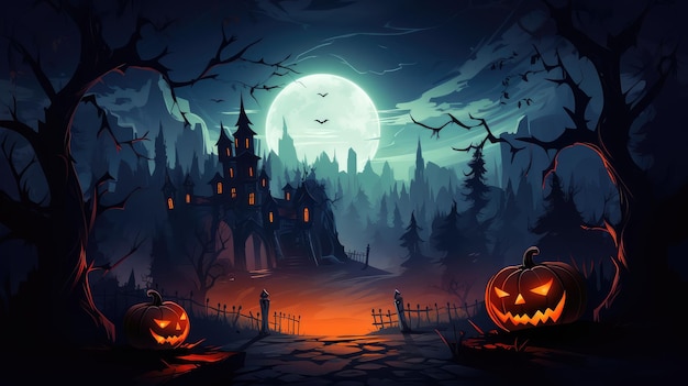 Halloween background with spooky castle and pumpkins