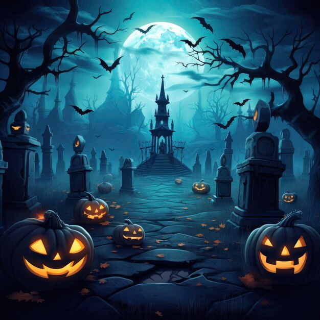 Halloween background with spooky cemetery gravestones pumpkins and bats on a night sky