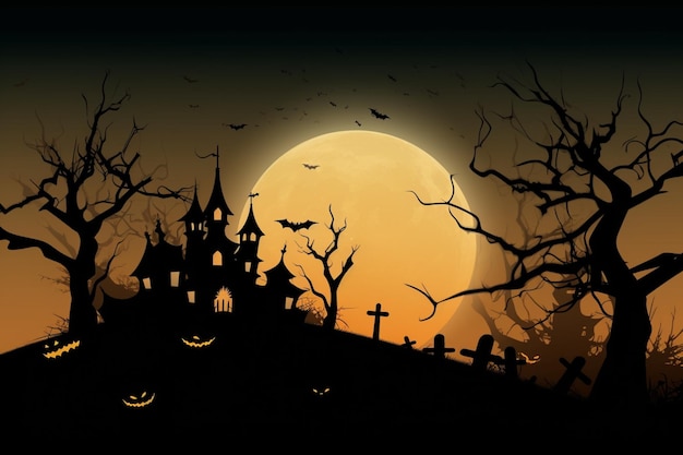 Photo halloween background with a spooky full moon and a spooky castle generative ai