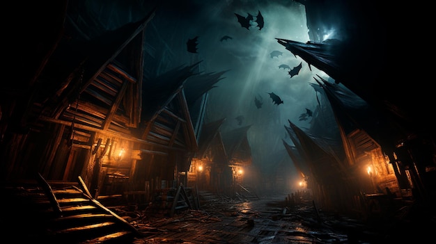 Фото Хэллоуинский фон с жутким домом и летучими мышами
