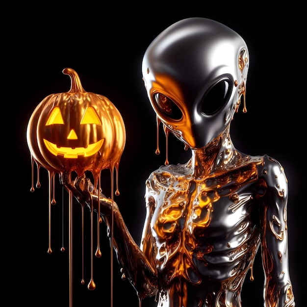 Halloween background with spooky skeleton and pumpkins 3d rendering