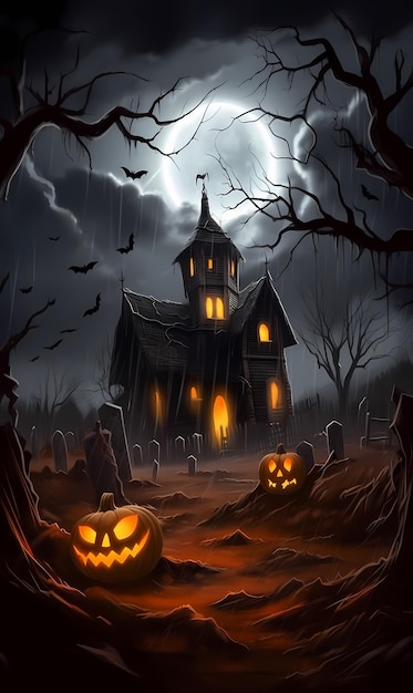 Хэллоуин фон с гробницами деревья летучие мыши надгробия грей сгенерированный ai