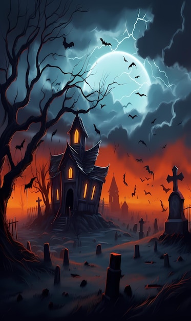 Halloween background with tombs trees bats tombstones gravey generated ai