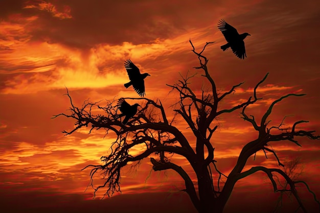 Halloween background with tree and ravens on orange sunset sky A captivating image of a majestic African eagle perched on a tree branch its feathers billowing in the wind AI Generated