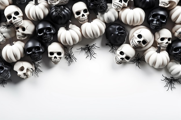 Halloween background with white and black skulls spiders and pumpkins