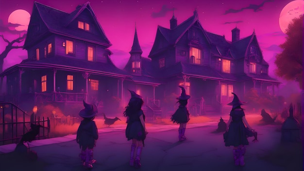 Halloween background with witchs house and bats Halloween illustration