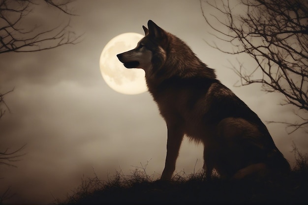 Foto sfondo di halloween con un lupo che ulula contro la luna