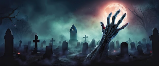 Halloween background with zombies and the moon in the cemetery dark banner