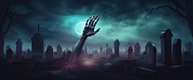 Halloween background with zombies and the moon in the cemetery dark banner