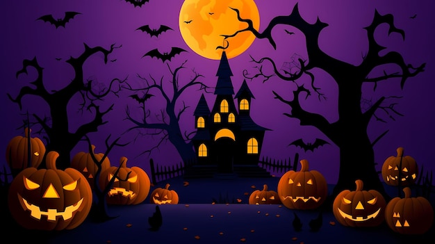 Halloween backgroundn with pumpkins castle and bats flying