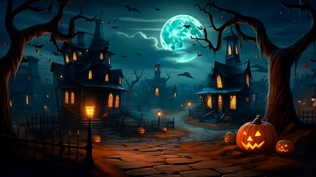 Halloween backgrounds in a fun cartoon style Wallpaper with pumpkins spooky houses and ghosts