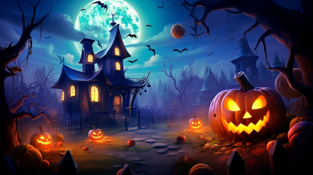 Halloween backgrounds in a fun cartoon style Wallpaper with pumpkins spooky houses and ghosts