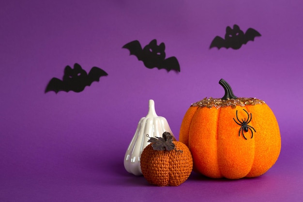 Halloween backgrounds of white orange and gold pumpkins spiders and black bats on a purple background with cobwebs and terrible scenery Horror and a scary holiday with copy space