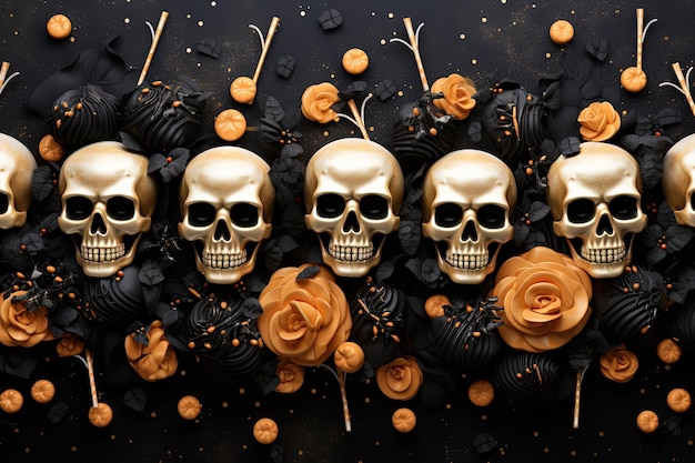 Halloween banner featuring skulls and candies