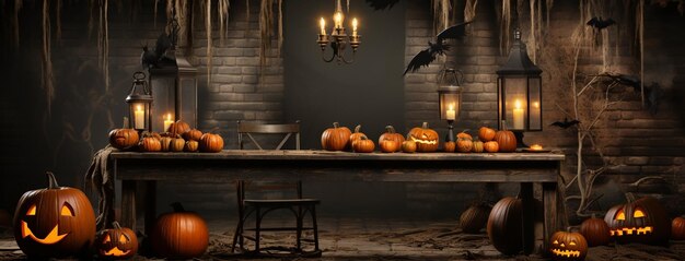 Foto halloween-banner met enge pompoen jack o-lantaarns en kerkhof met vleermuizen, oud heksenpaleis