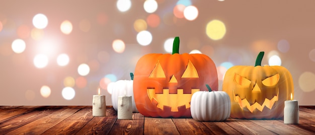 Halloween banner Pompoenen lantaarn met kaarsen op ongericht achtergrond 3d illustratie