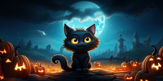 Halloween banner template cute black cartoon witch cat dark night background