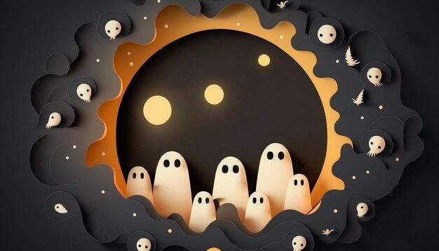 Halloween banner with cute ghosts on a portal black background Paper cut style Generated AI