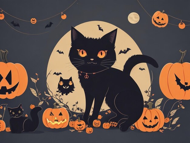 Halloween banner with tradition symbols Black cat illustration