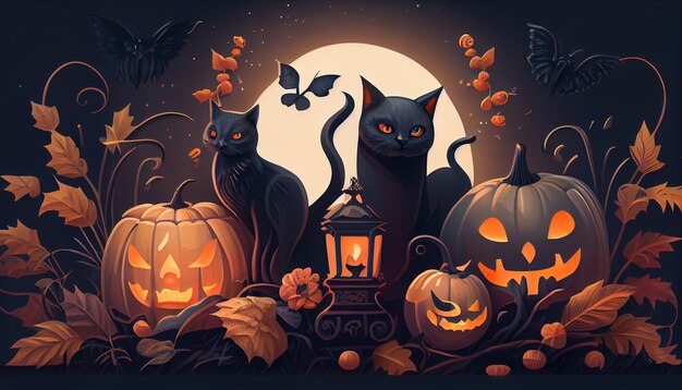 Halloween banner with tradition symbols Pumpkins and black cat illustration