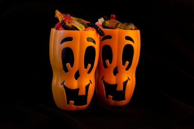 Halloween baskets with candy and gummies