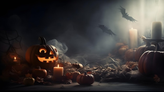 Halloween bats skeleton pumpkin and spider in dark scary mood with fog in dramatic lighting