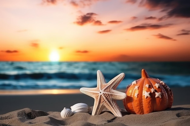 Хэллоуин на пляже с тыквой, звездой и ракушками на закате