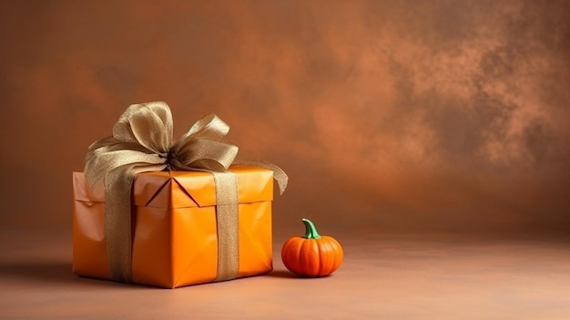 Halloween big present gift box for halloween party wrapping box near pumpkin on background