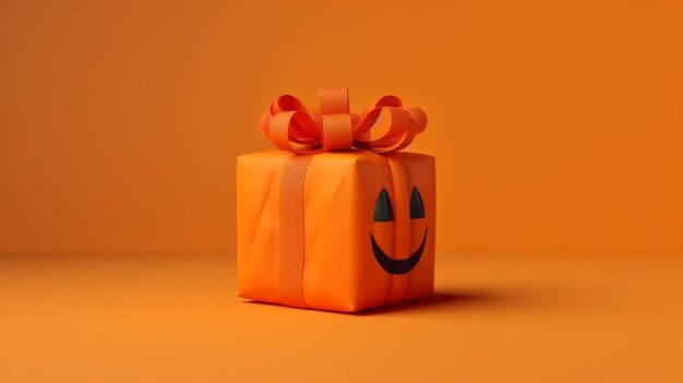 Halloween big present gift box for halloween party wrapping box near pumpkin on background