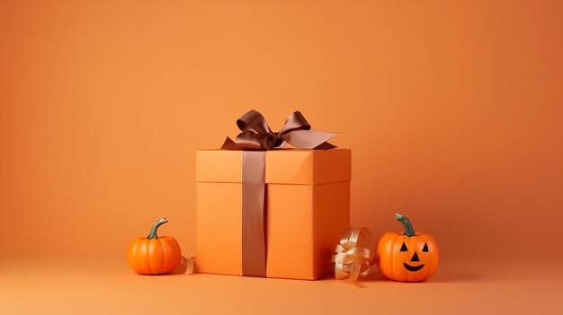 Halloween big present gift box for halloween party wrapping box near pumpkin on background