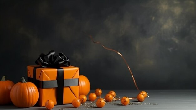 Foto grande scatola regalo per halloween per la festa di halloween scatola di confezione vicino alla zucca sullo sfondo
