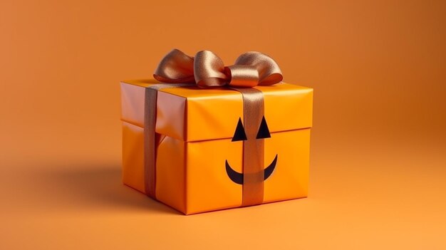 Halloween big present gift box for halloween party wrapping box near pumpkin on background