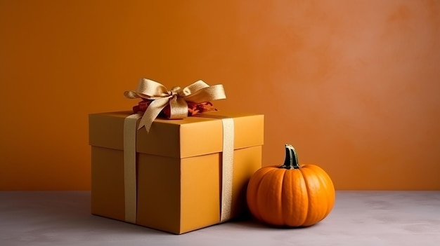 Halloween big present gift box for halloween party wrapping box near pumpkin on Background