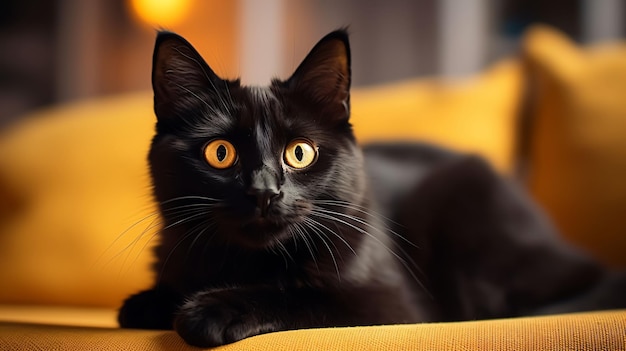 Хэллоуинская черная кошка сидит на диване