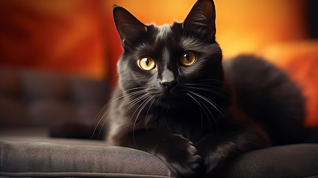ハロウィーンの黒い猫がソファに座っている