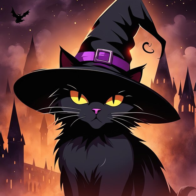 Halloween black cat wearing witch hat castle theme