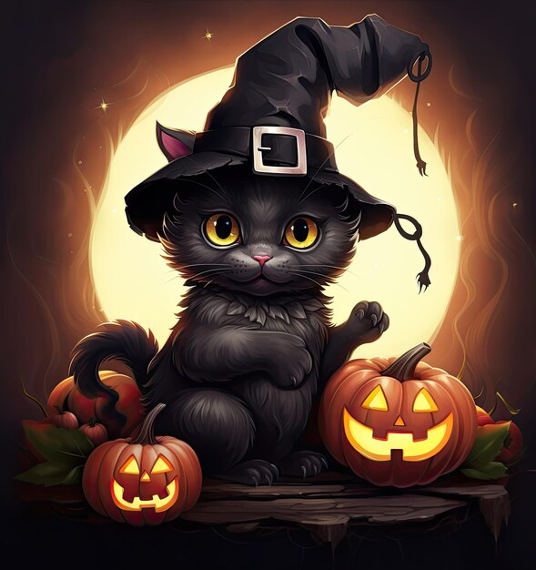 Halloween black cat in a witch hat sits against a full moon at nigh Generative AI