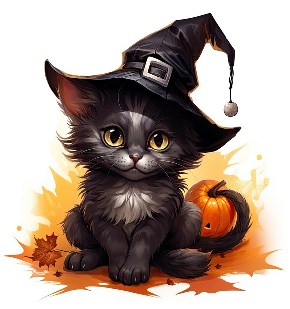 Черная кошка на Хэллоуин в шляпе ведьмы сидит на полной луне вблизи генеративного ИИ