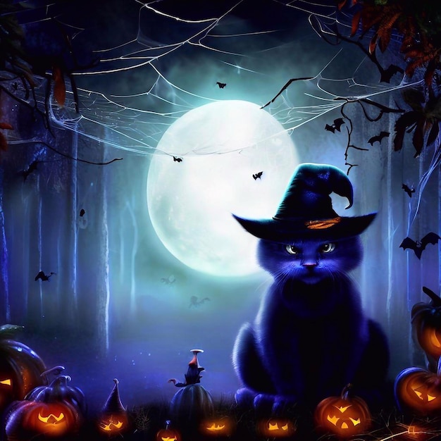 Photo halloween a black cat in a witch's hat jack o lantern pumpkins mystical forest night