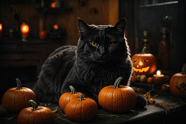 Photo halloween black cat with pumpkin ai generative