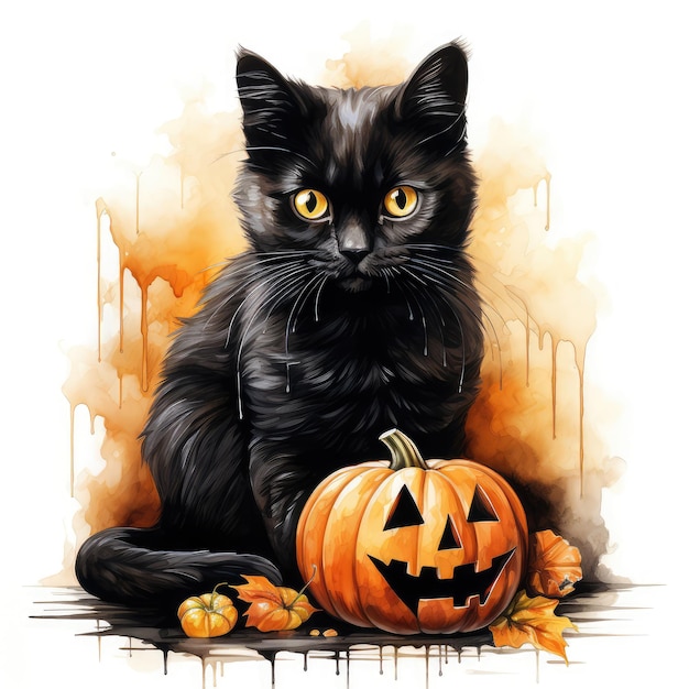 Halloween black cat with pumpkin Jack O'Lantern on white background