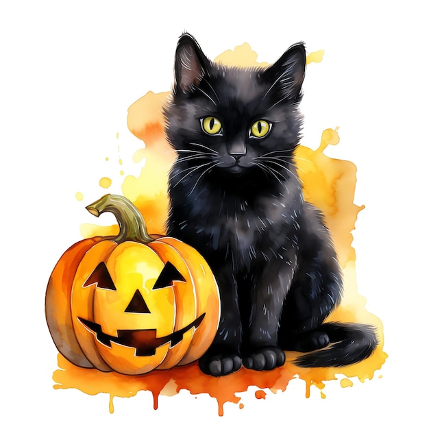 Halloween black cat with pumpkin watercolor illustration halloween clipart