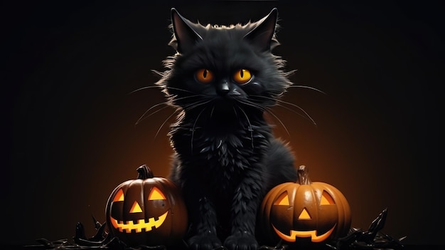 Halloween black cat with pumpkins on black background