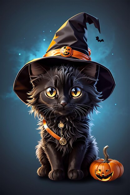 Halloween black cat in wizard hat on blue background