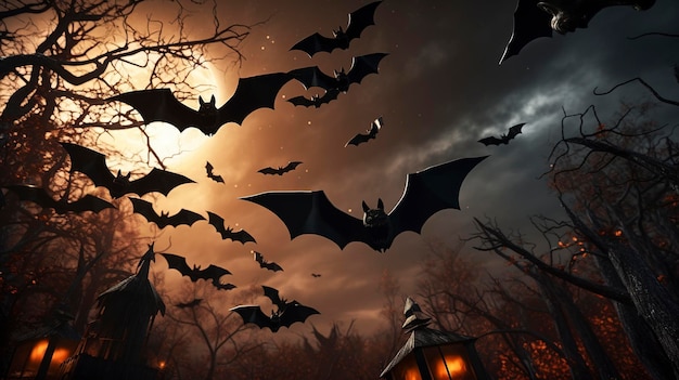Halloween Black Cats and Bats Flying at Night