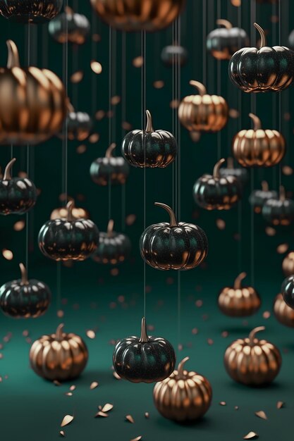 halloween black and gold pumpkins on dark green background