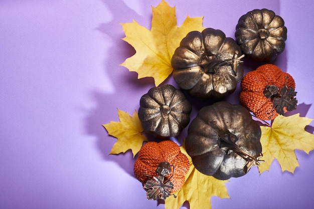 Zucche nere e arancioni di halloween con foglie di acero gialle su sfondo viola decorazioni per feste di halloween ombre alla moda