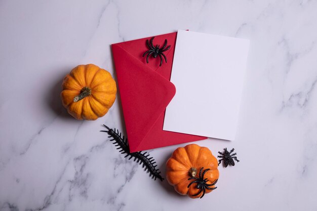 Halloween blank card and envelope with pumpkins and spiders